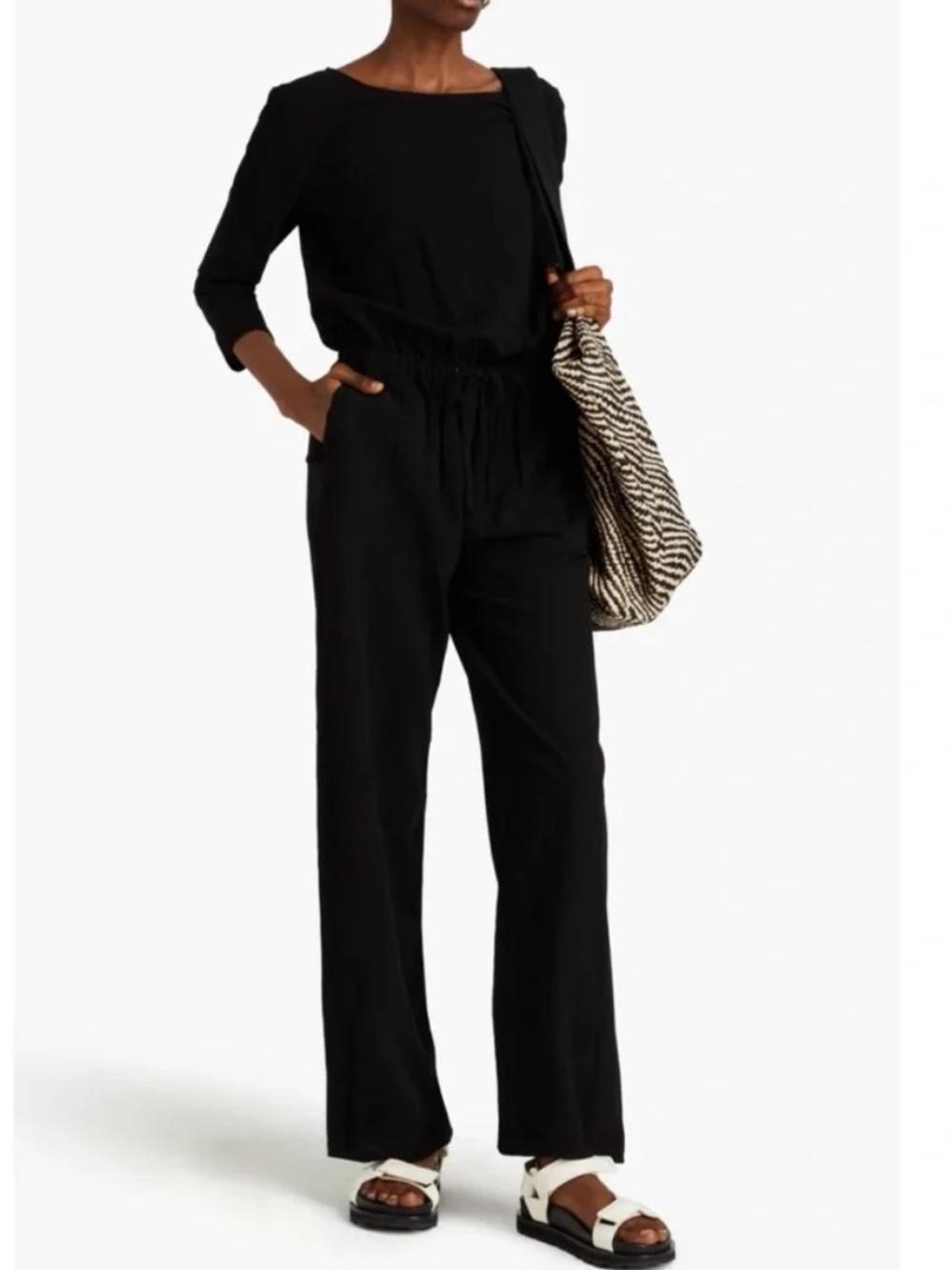 Standard James Perse Crepe Black Long-Sleeve Jumpsuit with Drawstring Waist